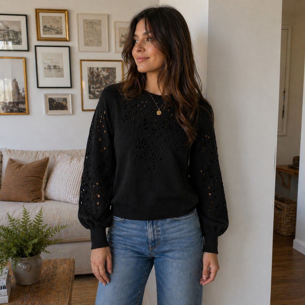 & Other Stories Black Eyelet Sweater XS Balloon Sleeve Paris Atelier Chic